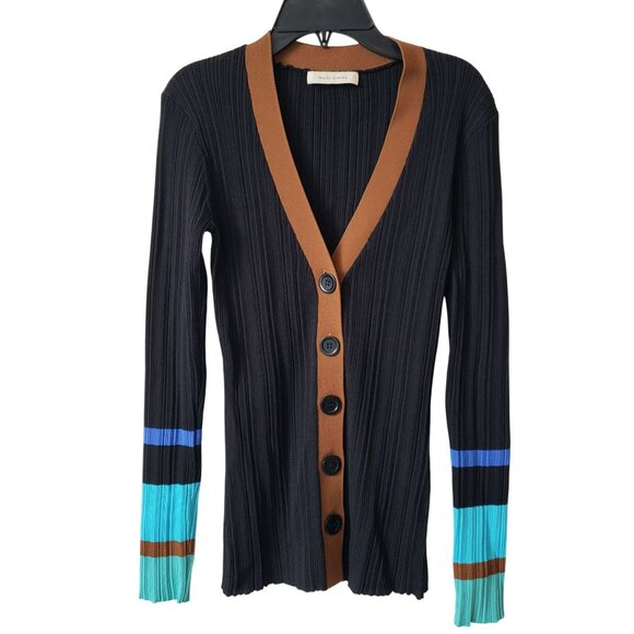 Wales Bonner Striped Ribbed Knit Black Multi V Neck Cardigan Preppy Quiet Luxury - Picture 3 of 14